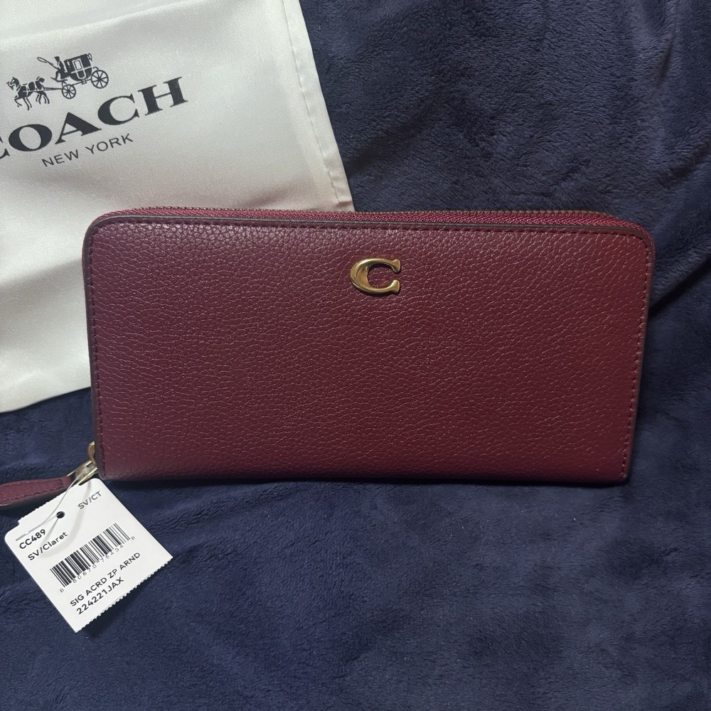 Coach Burgundy Zip-Around Leather Wallet with Gold Hardware
